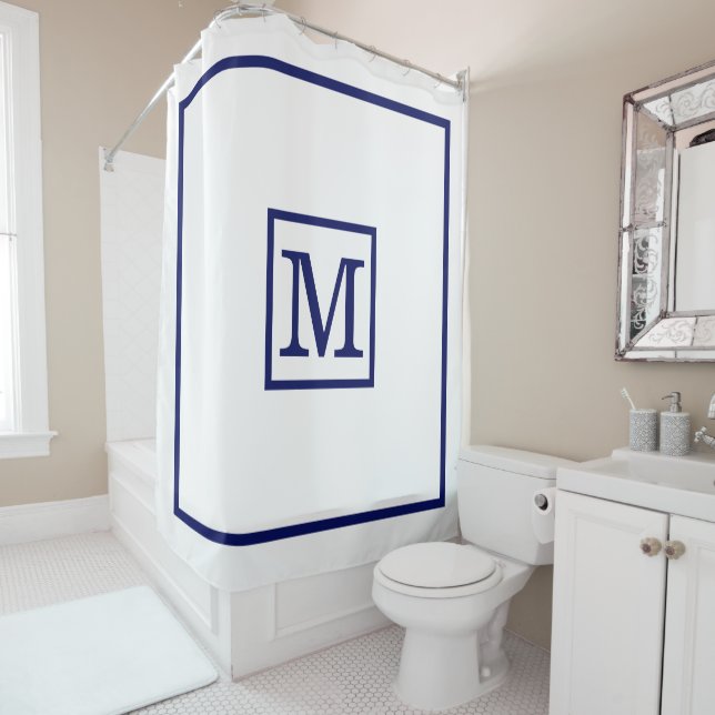 DIY Colours Framed LG Initial Monogram White Navy Shower Curtain (In Situ)