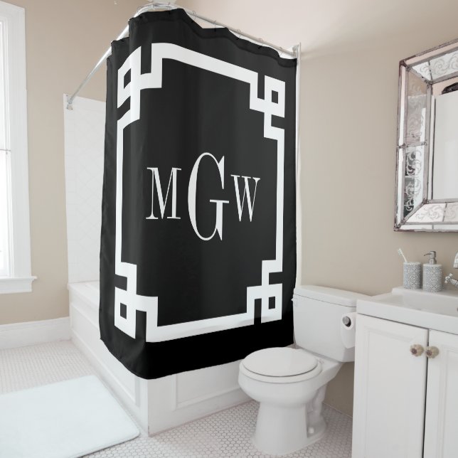 DIY Colours Greek Key #2 Framed 3I Monogm White Bl Shower Curtain (In Situ)