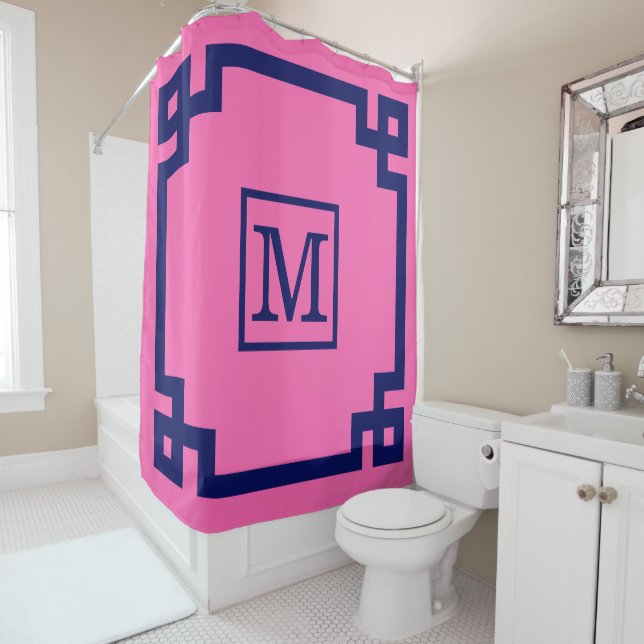 DIY Colours Greek Key #2 Framed Monogm Navy Pink Shower Curtain (In Situ)