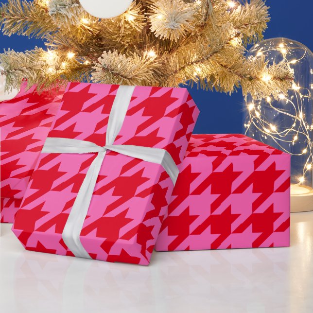 DIY Colours Houndstooth Plaid SV Red Hot Pink Wrapping Paper (Holidays)