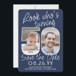 DIY Colours • Look Who's 50 Birthday Party 2 Photo Save The Date<br><div class="desc">Look who's turning 50! Invite family and friends to an upcoming 50th birthday celebration with elegant custom photo save the date party invitations. Pictures and wording on this template are simple to personalise. The navy blue and white colours for the background, text and number outlines can all be customised by...</div>