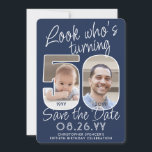 DIY Colours • Look Who's 50 Birthday Party 2 Photo Save The Date<br><div class="desc">Look who's turning 50! Invite family and friends to an upcoming 50th birthday celebration with elegant custom photo save the date party invitations. Pictures and wording on this template are simple to personalise. The navy blue and white colours for the background, text and number outlines can all be customised by...</div>