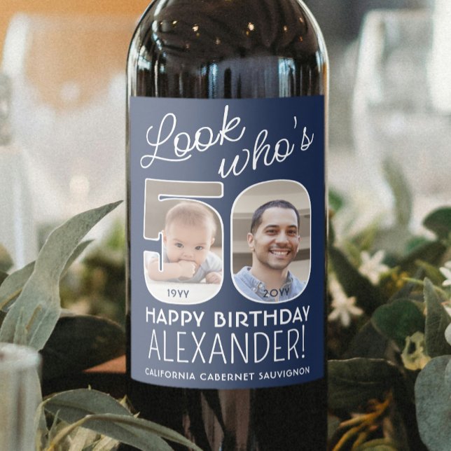 DIY Colours • Look Who's 50 Birthday Party 2 Photo Wine Label (Creator Uploaded)
