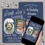 DIY Colours • Look Who's 65 Birthday Party 2 Photo Save The Date<br><div class="desc">Look who's turning 65! Invite family and friends to an upcoming 65th birthday celebration with elegant custom photo save the date party invitations. Pictures and wording on this template are simple to personalise. The navy blue and white colours for the background, text and number outlines can all be customised by...</div>