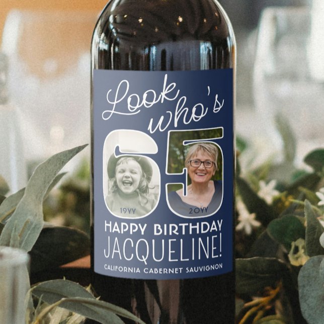 DIY Colours • Look Who's 65 Birthday Party 2 Photo Wine Label (Creator Uploaded)