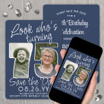 DIY Colours • Look Who's 75 Birthday Party 2 Photo Save The Date<br><div class="desc">Look who's turning 75! Invite family and friends to an upcoming 75th birthday celebration with elegant custom photo save the date party invitations. Pictures and wording on this template are simple to personalise. The navy blue and white colours for the background, text and number outlines can all be customised by...</div>