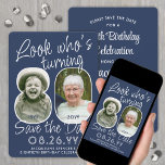 DIY Colours • Look Who's 80 Birthday Party 2 Photo Save The Date<br><div class="desc">Look who's turning 80! Invite family and friends to an upcoming 80th birthday celebration with elegant custom photo save the date party invitations. Pictures and wording on this template are simple to personalise. The navy blue and white colours for the background, text and number outlines can all be customised by...</div>