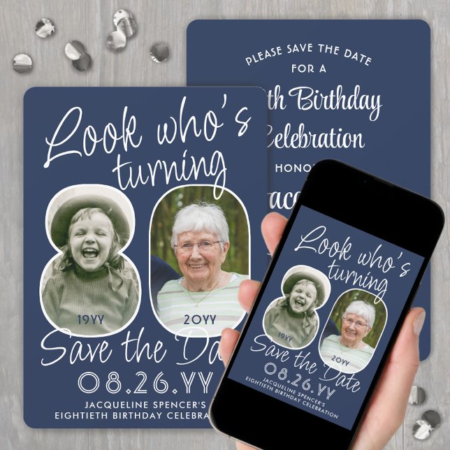 DIY Colours • Look Who's 80 Birthday Party 2 Photo Save The Date (Creator Uploaded)