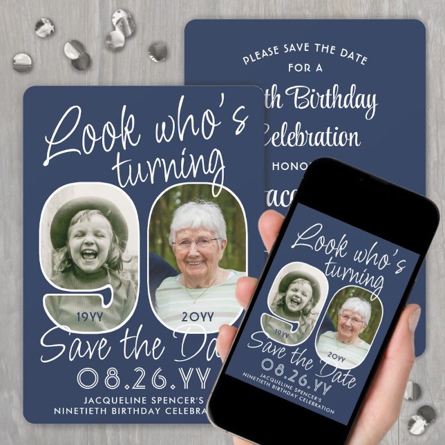 DIY Colours • Look Who's 90 Birthday Party 2 Photo Save The Date (Creator Uploaded)
