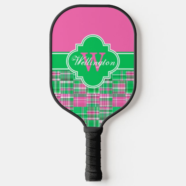 DIY Colours Madras 1I CB Ribbon Name Hot Pink Gree Pickleball Paddle (Front)