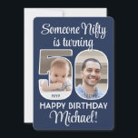 DIY Colours • Nifty Fifty 50th Birthday Party Phot Invitation<br><div class="desc">Someone nifty is turning 50! Invite family and friends to an elegant fiftieth birthday celebration for him or her with custom 2 photo party invitations. Pictures and all text on this template are simple to personalise. The navy blue and white colours for the background, text and number outlines can all...</div>