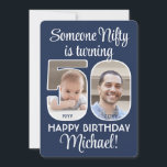 DIY Colours • Nifty Fifty 50th Birthday Party Phot Invitation<br><div class="desc">Someone nifty is turning 50! Invite family and friends to an elegant fiftieth birthday celebration for him or her with custom 2 photo party invitations. Pictures and all text on this template are simple to personalise. The navy blue and white colours for the background, text and number outlines can all...</div>