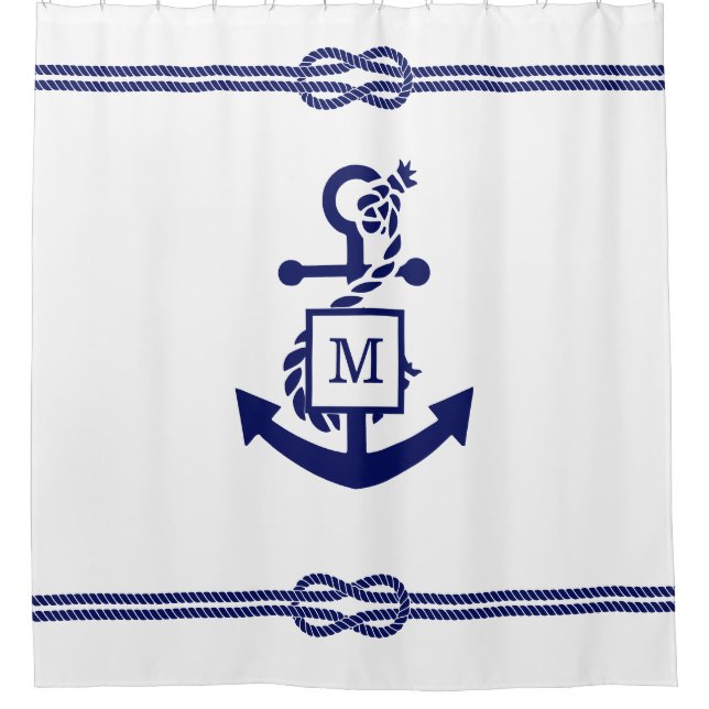 DIY Colours Rope Knot Anchor Monogram White Navy Shower Curtain (Front)