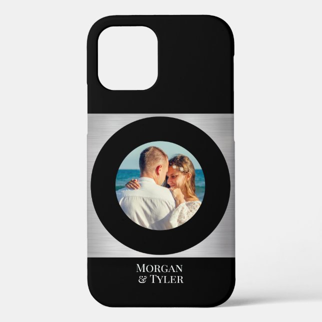 DIY Couple's Photo & Names Blk Circle Silver Black Case-Mate iPhone Case (Back)