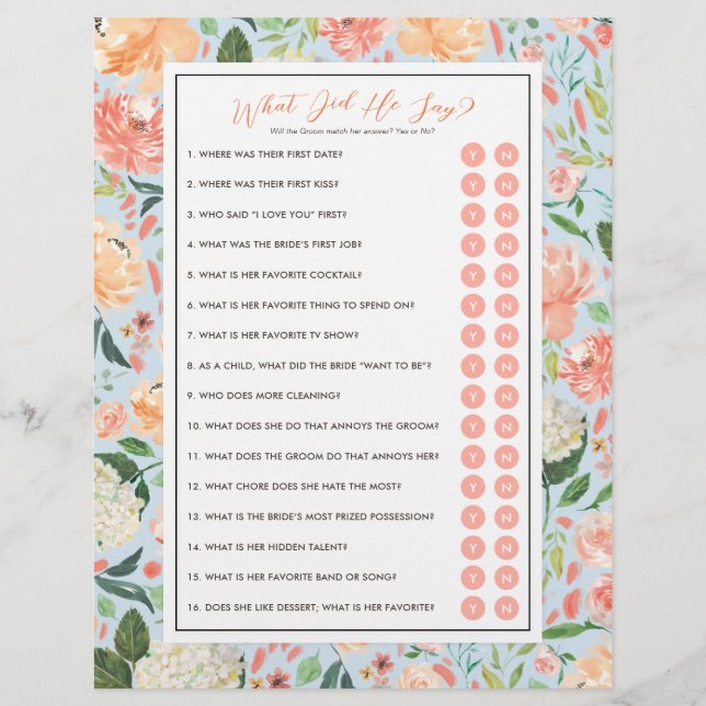 DIY Customise Your Bridal Shower Game with Photo (Front)