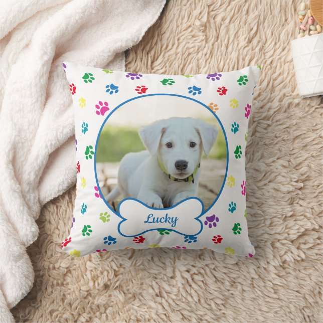 DIY Dog Photo Circle Name Bone Colourful Paw Print Cushion (Blanket)