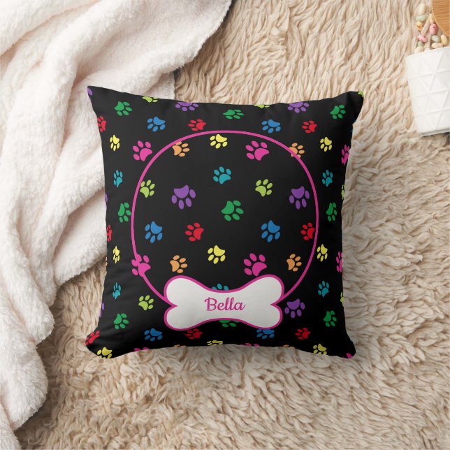 DIY Dog Photo Circle Name Bone Colourful Paws Blac Cushion (Blanket)