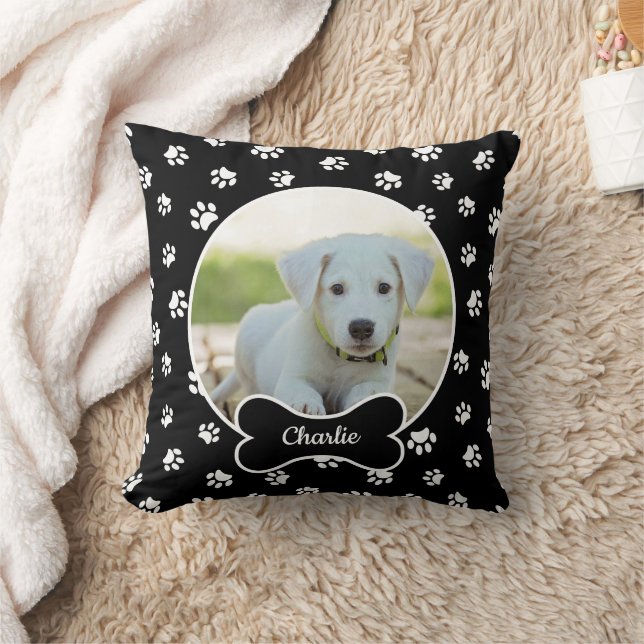 DIY Dog Photo Circle Name Bone White Paws Black Cushion (Blanket)