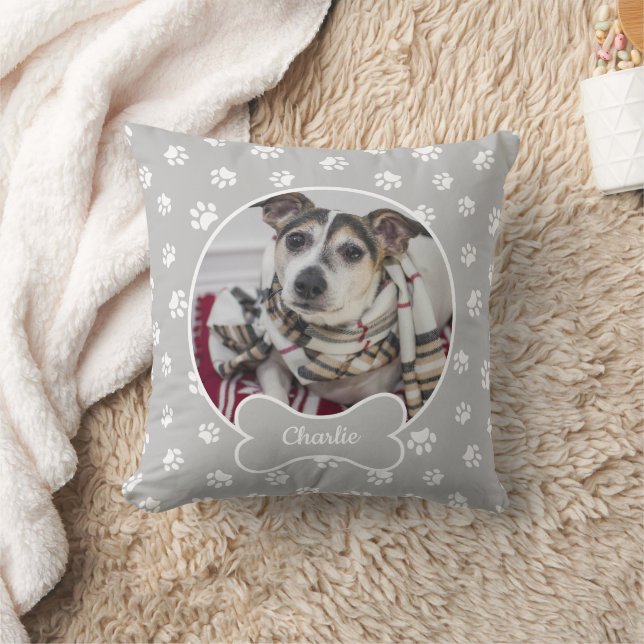 DIY Dog Photo Circle Name Bone White Paws Grey Cushion (Blanket)