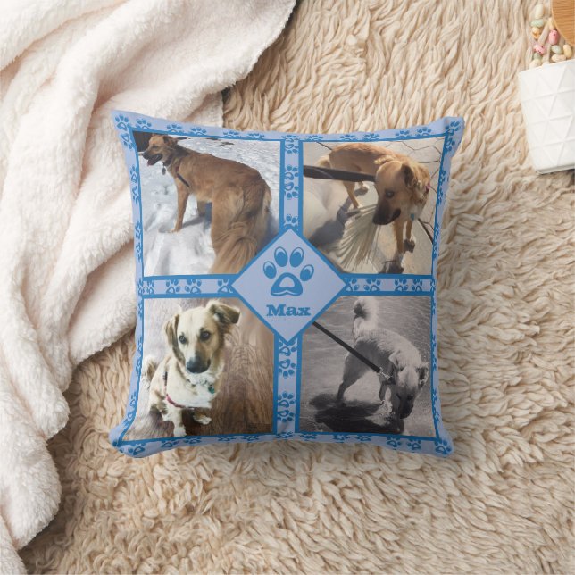 DIY dog photo collage paw prints blue reversible Cushion (Blanket)