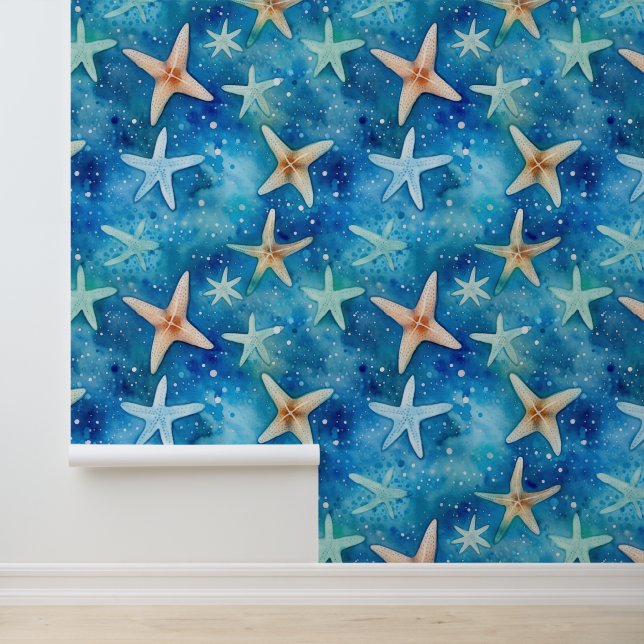 DIY Elegant Ocean Starfish Blue Nautical Sea Wallpaper (Application)