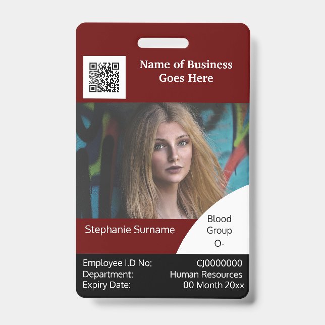 DIY Employee ID card Burgundy black white Badge (Front)