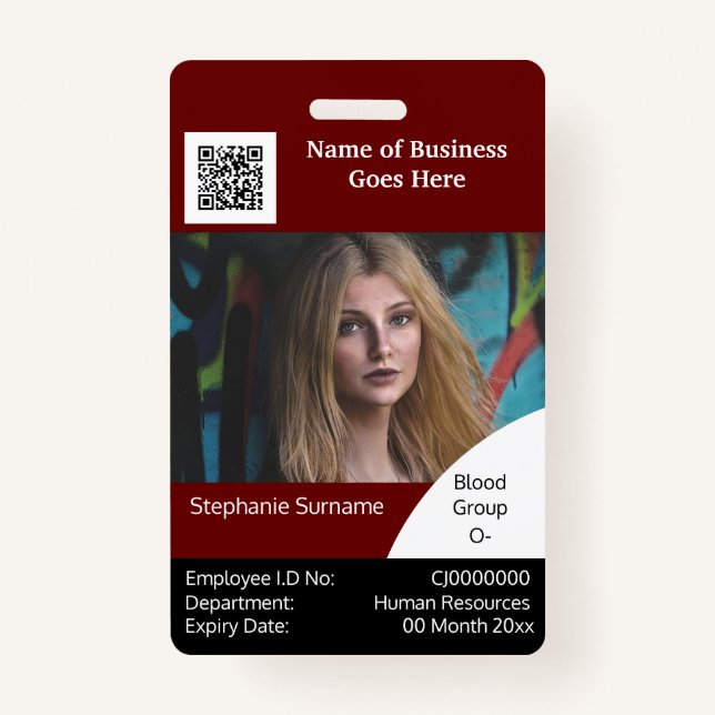 DIY Employee ID card Burgundy black white ID Badge (Front)