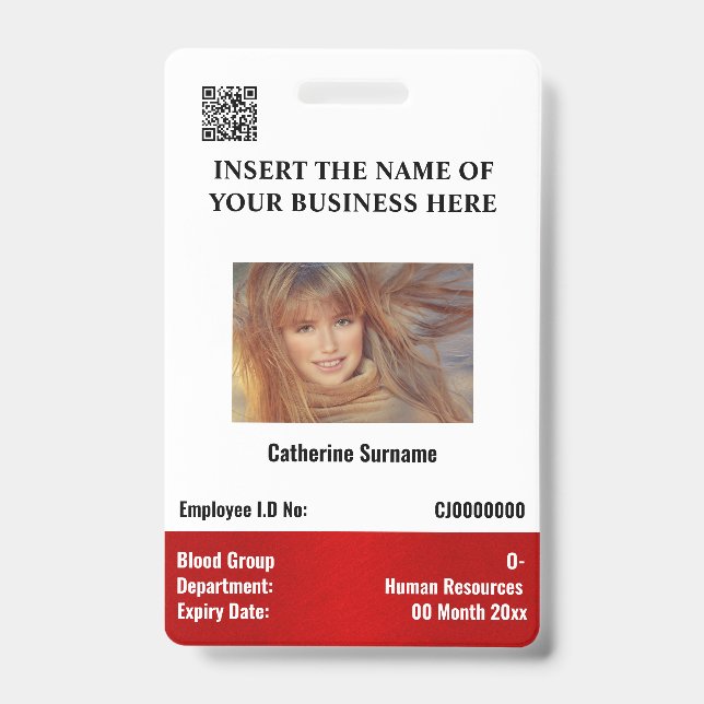 DIY employee photo ID card white red vertical Badge (Front)