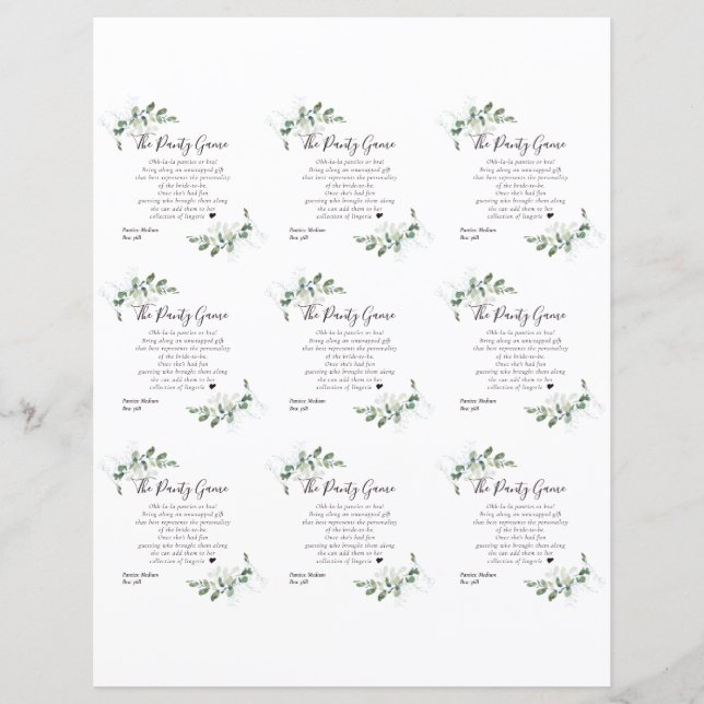 DIY Eucalyptus Bridal Shower Panty Game Card (Front)