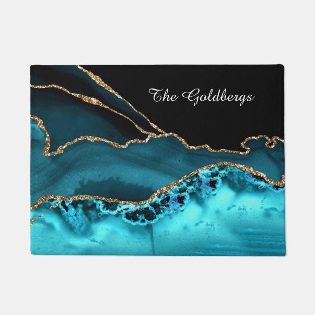 DIY Family Name White Script on Black/Teal Agate Doormat (Front)