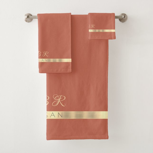DIY Fancy Gold Monogram Name, Gold Stripe, Copper Bath Towel Set (Insitu)