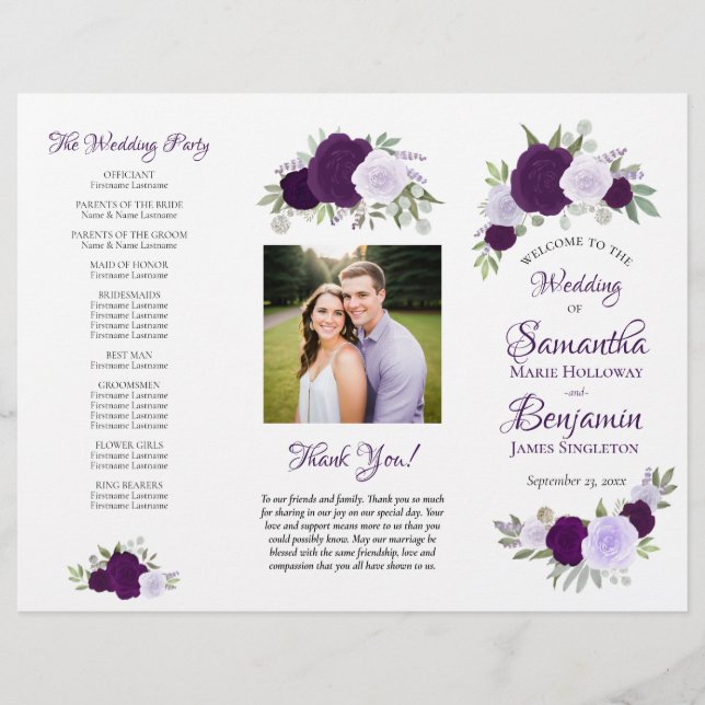 DIY Fold Purple Boho Roses Wedding Program Flyer (Front)