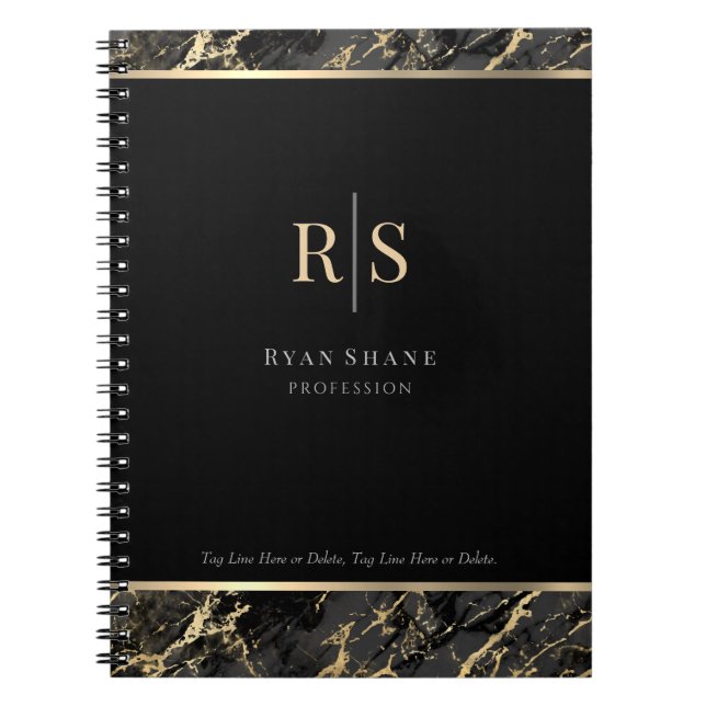 DIY Gold Initials Business Name, Black/Gold Marble Notebook (Front)