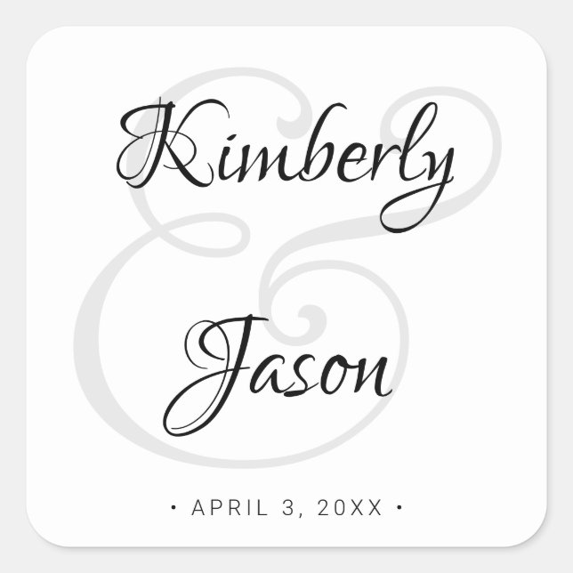 DIY His & Her Script Names, Black & Grey Wedding Square Sticker (Front)