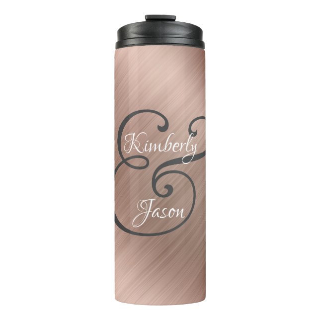DIY His/Her Script Names, Wh/Grey, Rose Gold Metal Thermal Tumbler (Front)