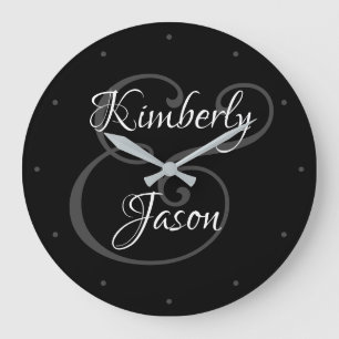 DIY His & Her Script Names, White & Grey on Black Large Clock
