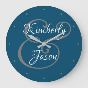 DIY His & Her Script Names, White & Grey on Black  Large Clock
