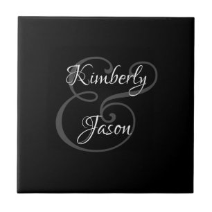 DIY His & Her Script Names, White & Grey on Black Tile