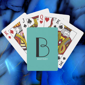 DIY Large Monogram & Name, Black/White Text, Teal Playing Cards
