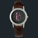 DIY Large Monogram & Name, Pink/White Text, Black Watch<br><div class="desc">Personalise this stylish and simple text design with your name in white and your large monogram in pink on black background. Click “Edit Using Design Tool” to change colours and type styles.</div>