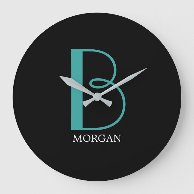 DIY Large Monogram & Name, Teal/White Text, Black Clock (Front)