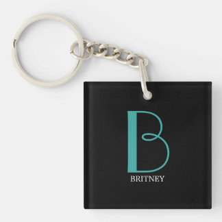 DIY Large Monogram & Name, Teal/White Text, Black Key Ring