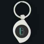 DIY Large Monogram & Name, Teal/White Text, Black Key Ring<br><div class="desc">Personalise this stylish and simple text design with your name in white and your large Monogram in Teal on black background.</div>