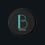 DIY Large Monogram & Name, Teal/White Text, Black Magnet<br><div class="desc">Personalise this stylish and simple text design with your name in white and your large Monogram in Teal on black background.</div>