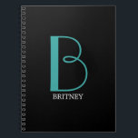 DIY Large Monogram & Name, Teal/White Text, Black Notebook<br><div class="desc">Personalise this stylish and simple text design with your name in white and your large Monogram in Teal on black background.</div>