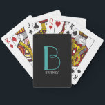 DIY Large Monogram & Name, Teal/White Text, Black Playing Cards<br><div class="desc">Personalise this stylish and simple text design with your name in white and your large Monogram in Teal on black background.</div>