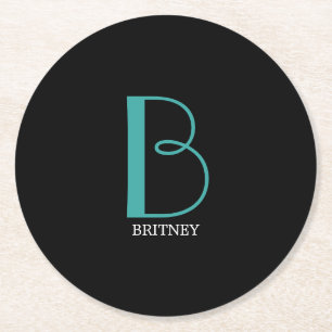DIY Large Monogram & Name, Teal/White Text, Black  Round Paper Coaster