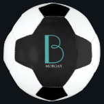 DIY Large Monogram & Name, Teal/White Text, Black Soccer Ball<br><div class="desc">Personalise this stylish and simple text design with your name in white and your large Monogram in Teal on black background.</div>