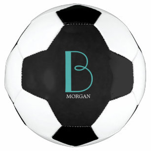 DIY Large Monogram & Name, Teal/White Text, Black Soccer Ball