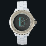 DIY Large Monogram & Name, Teal/White Text, Black Watch<br><div class="desc">Personalise this stylish and simple text design with your name in white and your large Monogram in Teal on black background.</div>